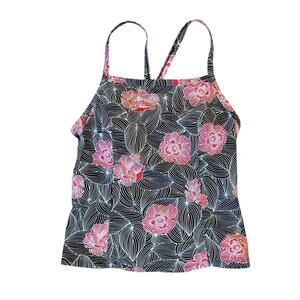 L.L. Bean Women's Tankini Swim Bathing Suit Top Brown Pink Tropical 12 Summer